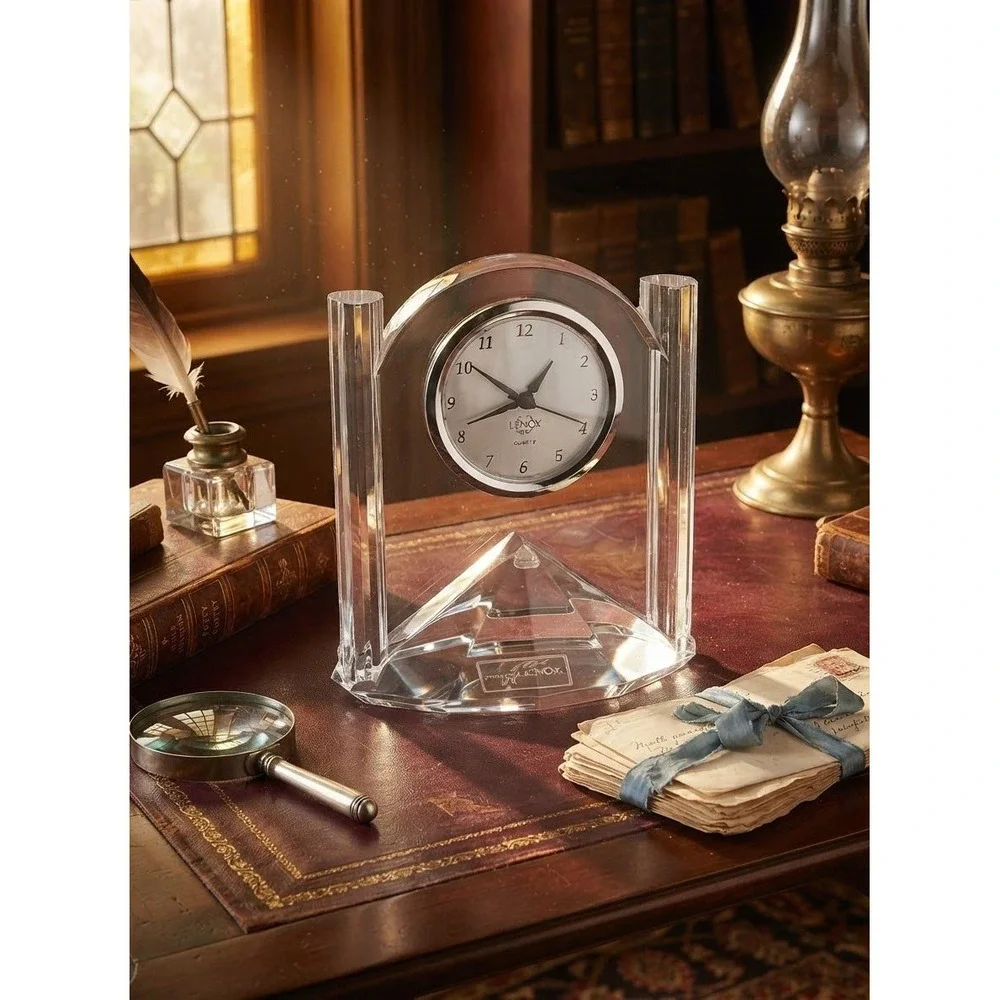 Lenox Generations Crystal Desk Clock Silver Bezel Quartz Pyramid Base 6.5in